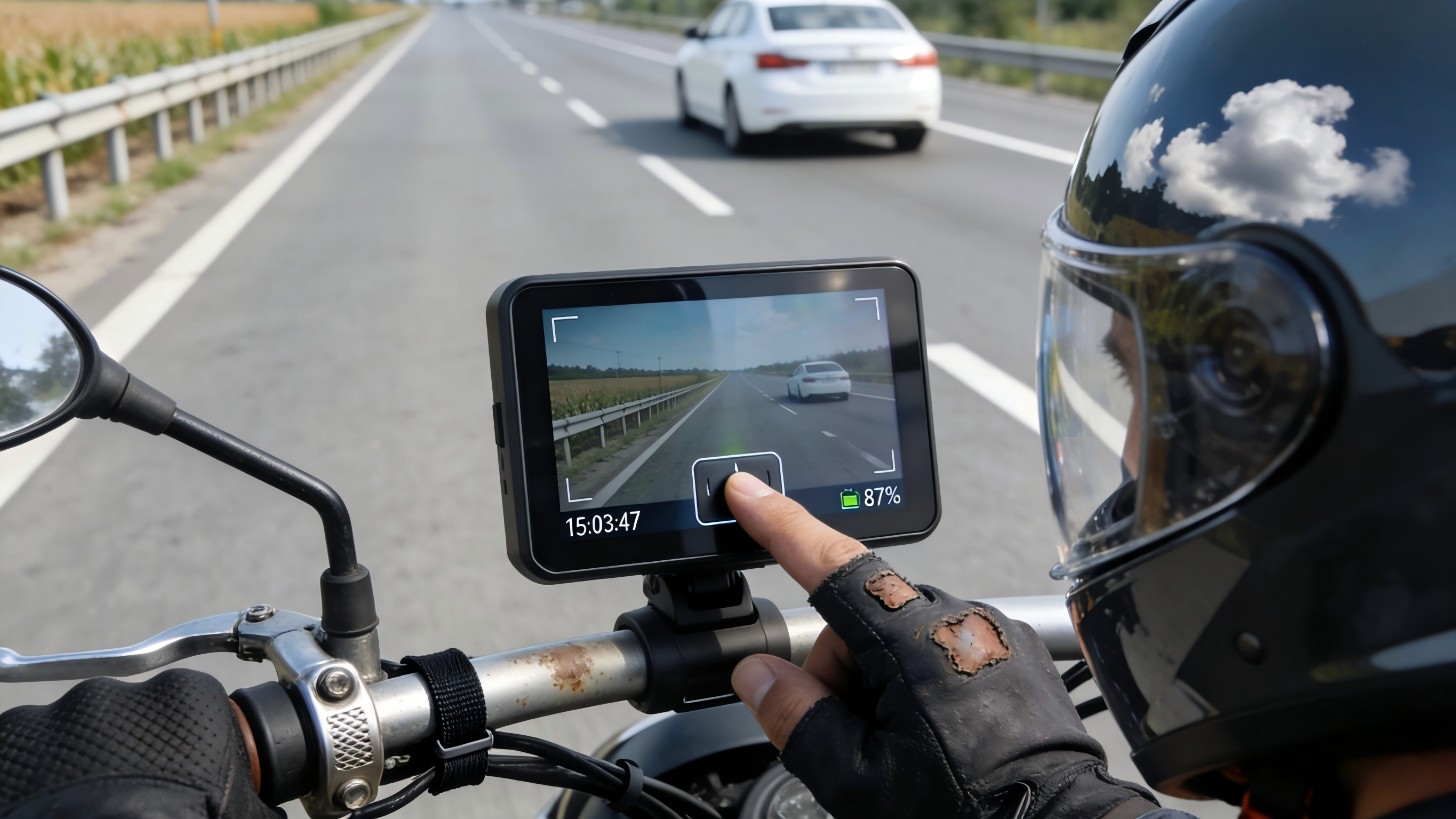 Rider viewing footage from a wireless motorcycle dash cam.