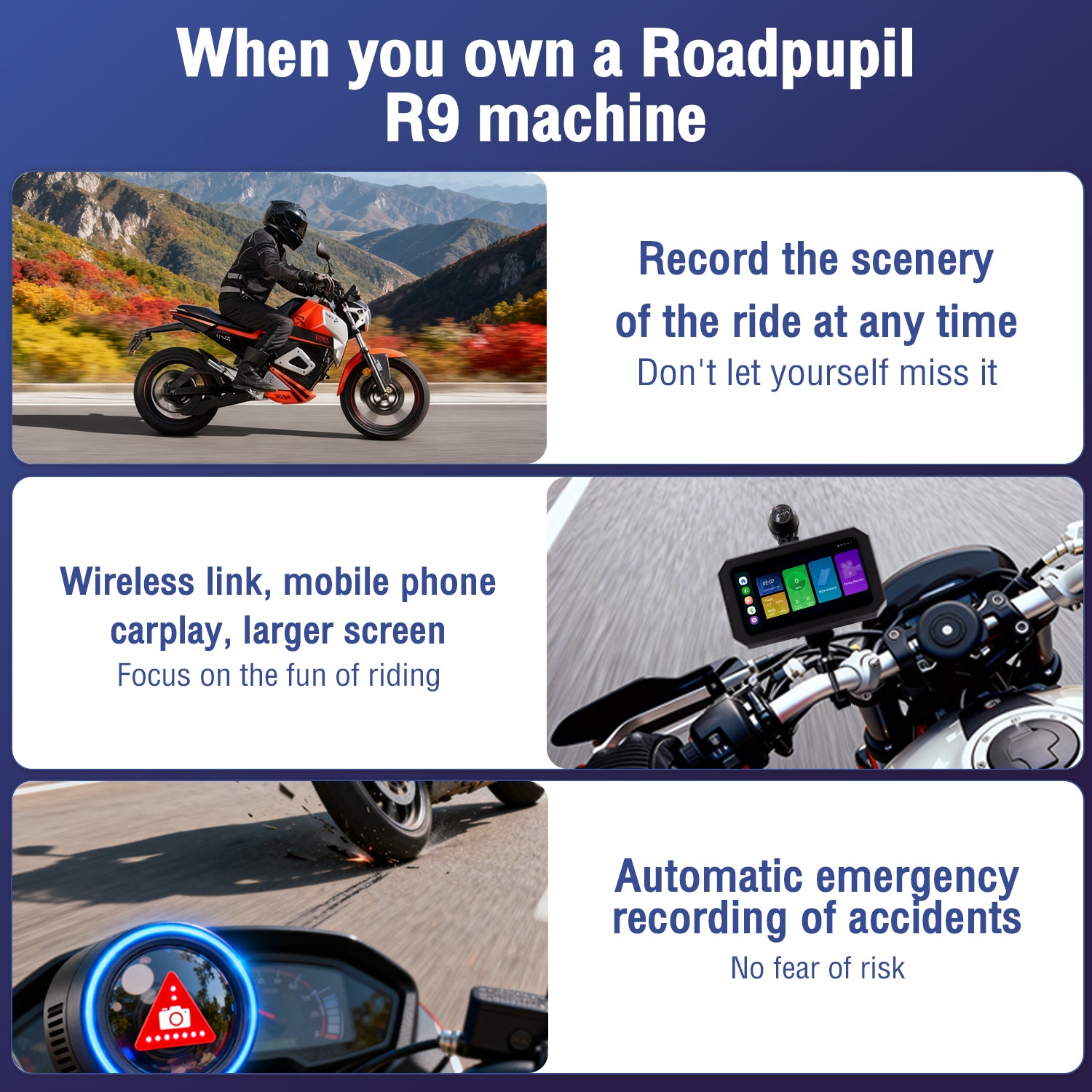 Roadpupil Motorcytcle Dash Cam-Wireless Carplay R9